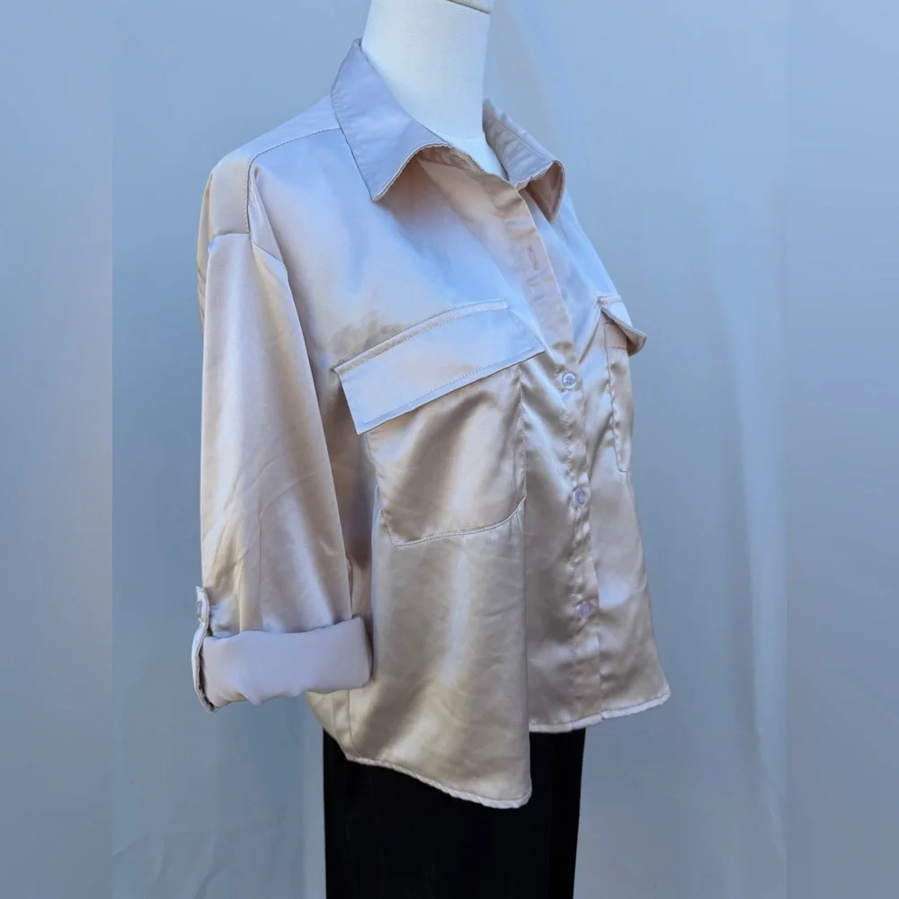 Champagne Satin Button-Up Blouse Size Large